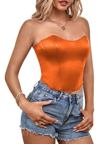Lyaner Women’s Sexy Satin Sweetheart Neck Crop Tube Tops Strapless Bustier Cami Corset Top Dark Orange Medium #TOP2