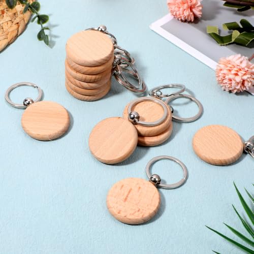 50 Pieces Wood Keychain Blanks, Unfinished Wooden Keychain Blanks for Engraving, Laser Engraving Round BlanksKeychain Key Tags Sign, Wood Engravings Blank Key Chain for DIY Gift, Pet Tags by Lyksgir - Used condition - Image 6