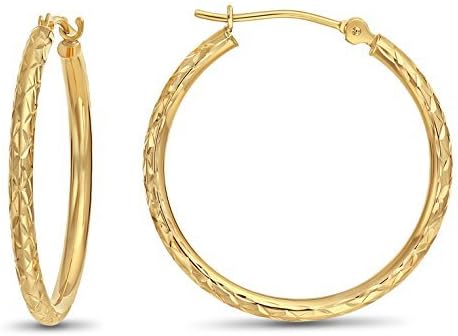 14K Yellow Gold Round Hoop Earrings with X Pattern Diamond-cut Design