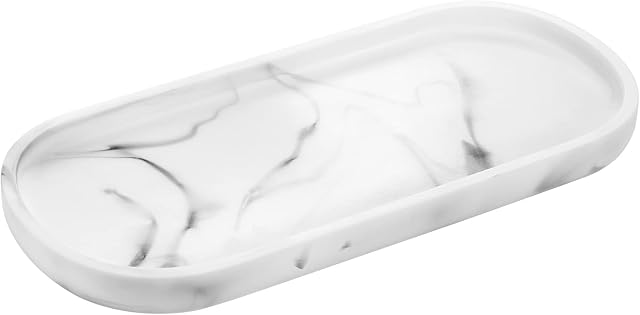 Luxspire Bathroom Vanity Tray, Toilet Tank Oval Storage Tray, Resin Handmade Bathroom Bathtub Kitchen Dresser Countertop Organizer for Soap Shampoo Candles Towel Plant Jewelry Ring Dish - White Marble