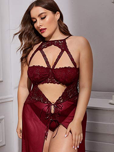 Floerns Women's Plus Size Sexy Lace Sleeveless Split Long Mesh Lingerie Dress Burgundy 2Xl #TOP3