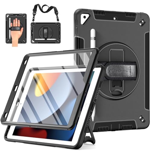 Miesherk Case for iPad 9th Generation: Military Grade 3-Layer Full Body Protective Cover for iPad 8th/7th Gen 10.2 inch-Screen Protector-Pen Holder-360 Rotating Stand-Hand/Shoulder Strap-Black