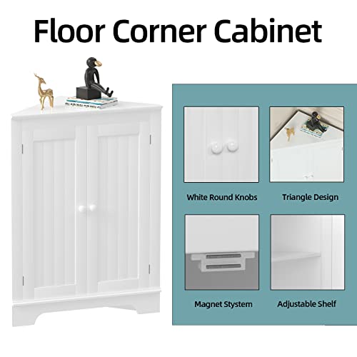 Visionwards White Corner Storage Cabinets, Floor Bathroom Corner Cabinet With Two Doors And Shelves,Free Standing Storage Cabinet For Bathroom, Kitchen, Living Room, White #TOP3