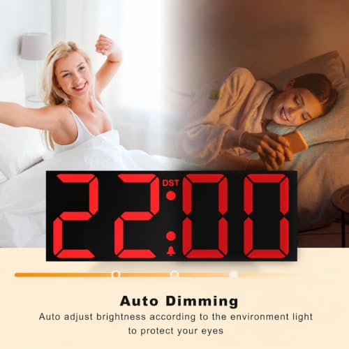 Image of JALL 22 inch Large Digital Wall Clock, Big LED Display with Night Light, Auto Dimming & DST, Giant Alarm Clock for Seniors, Elderly Parents, Gift for Mom Dad (Black Shell Red Font)