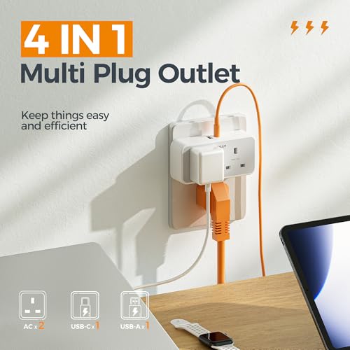 TESSAN Double Plug Adapter UK with 2 USB, 2 Way Multi Plugs Extension Socket, 13A UK Dual Surge Protected Wall Charger Power Adaptor for Home, Office, Kitchen, School Supplies