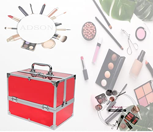 Image of ADSON Professional Beauty Makeup Box Cosmetic Vanity Box /Case 4 Trays With Mirror (Diamond Cut Red)