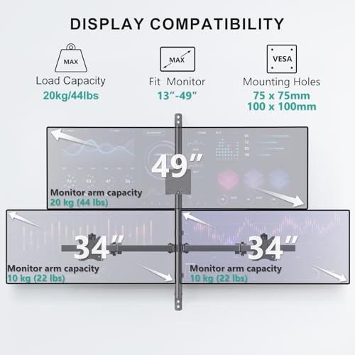 Image of WALI Triple Monitor Wall Mount for 13 to 49 Inch, 3 Monitor Wall Mount Computer Monitor Arm for Ultrawides Screens, Swivel Tilt Wall Mount with VESA 75 /100 mm, Per Arm Holds Up to 22lbs
