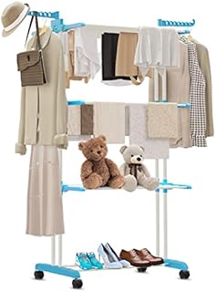 YORKING Clothes Drying Rack 3 Tier Adjustable Rolling Laundry Hanger with Foldable Wings Large Stainless Steel Garment Dryer with Casters for Outdoor Indoor