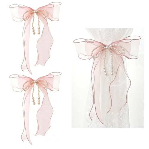 Hedayu 2 Pcs Tie Backs for Curtains, Girls Bedroom Accessories, Bow Bedroom Curtain Ties, Pink Tie with Pearls Sweet Bowknot for Dining Pink Room Wedding Party Office Hotel Decor