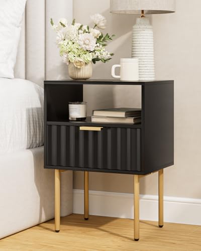 AEPOALUA Night Stand,Modern Bedside Table with Drawer and Shelf,Black Night Stand with Gold Frame,Small Side Table for Bedroom,Living Room
