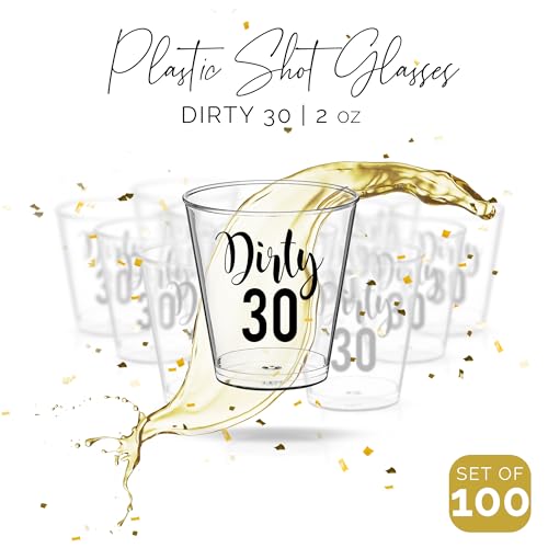 Image of Dirty 30 Birthday Shot Glasses - 100 PCS Disposable Plastic Cups 2oz, 30th Birthday Decorations for Him or Her, 30th Party Favors, Gifts for Women and Men, Dirty Thirty Decorations For Her and Him