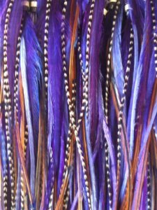 Feather Hair Extension – Dark Purple and Natural Brown Mix, Five Genuine Feathers bonded together, ranging from 7 to 10 inches in length, includes two silicone micro beads
