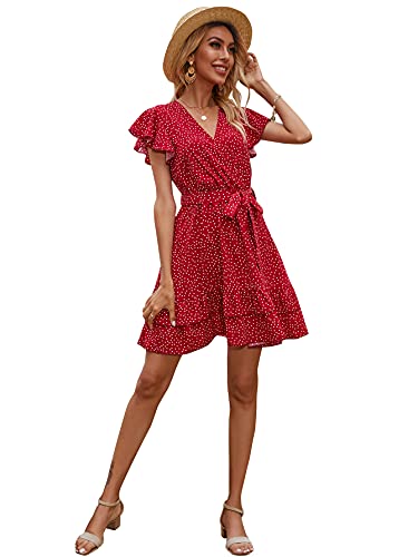 Floerns Women's Summer Polka Dots V Neck Ruffle Cap Sleeve A Line Mini Dress Red L #TOP3