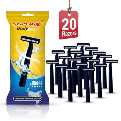 Image of SUPER-X Daily Shaving Razor for Men | Pack of 20| Twin Blade Disposable Razor with Protective Cover | Smooth & Comfortable Daily Shave | Anti-Slip Handle