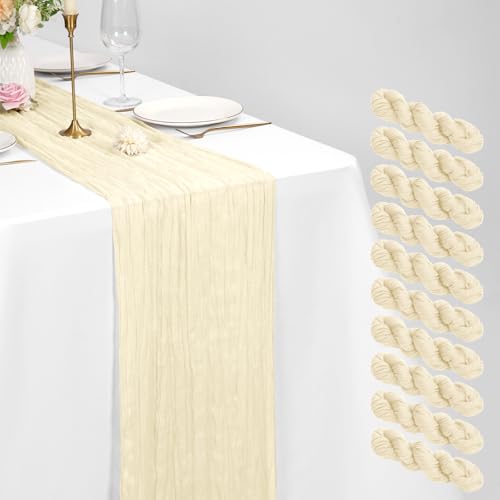 Lot de 10 Chemins de Table en Étamine, Chemin de Table Bohème en Gaze de 55 x 300 cm, Tissu Rustique en Gaze pour Mariages Festivals Remises de Diplôme Dîners Fêtes en Plein Air (Ivoire)