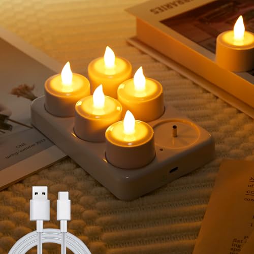 EXTSUD Lot de 6 Bougie LED Rechargeable Bougie Chauffe-plat LED Électrique Flamme Vacillante avec Station de Charge, Décoration pour Noël Anniversaire Mariage Table Restaurant Hôtel