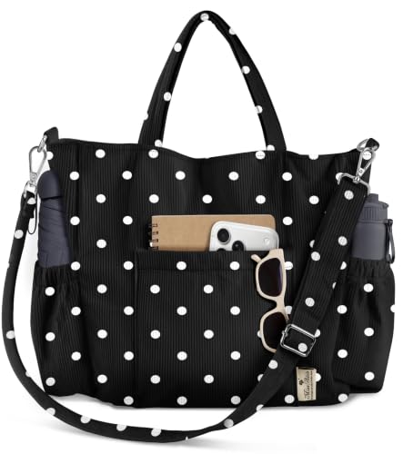 Miss Adola Stylish Corduroy Crossbody Tote Bag, White Polka Dots