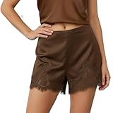 Satin Silk Shorts Women Y2K Low Rise Lace Trim Pajama Mini Micro Shorts Silky French Knickers Half Slip Pjs Bottom (Elegant Dark Brown, L)