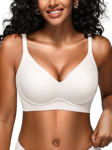 Wireless Jelly Bras for Women No Underwire - Seamless Padded T-Shirt Bralette with Support, Full Coverage Comfort Bra (L, White)