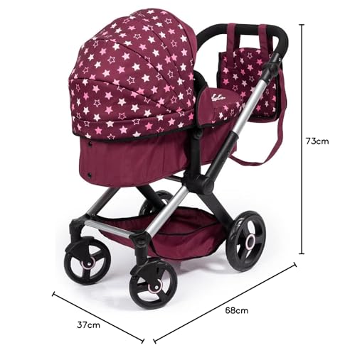 Bayer Design 17023AA Puppenwagen Xeo mit Tasche, höhenverstellbarer Griff, Schwenkschieber, wandelbar als Puppenjogger, bewegliche Vorderräder, integrierter Korb, Bordeaux, Rosa