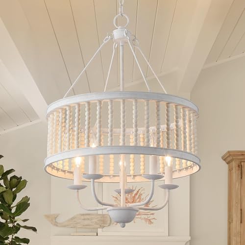 OSAIRUOS Drum Pendant Chandelier, Boho Wood Beaded Distressed Farmhouse Chandeliers for Entryway Dining Room, Vintage Handmade Chandelier Retro Antique White Lighting fixtures Hanging 5-Light W19.7