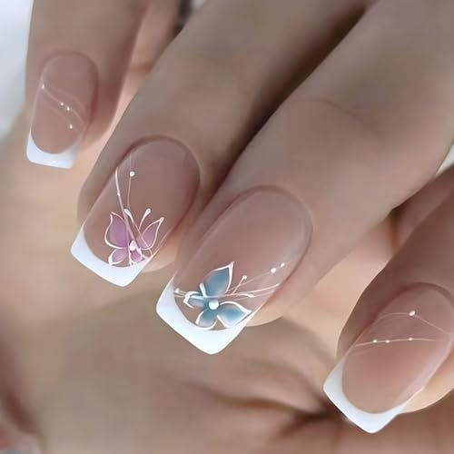 French Butterfly False Nails 24PCS Set With Multiple Size ABS Artificial Nails For Comfortable All Day Elegant Look