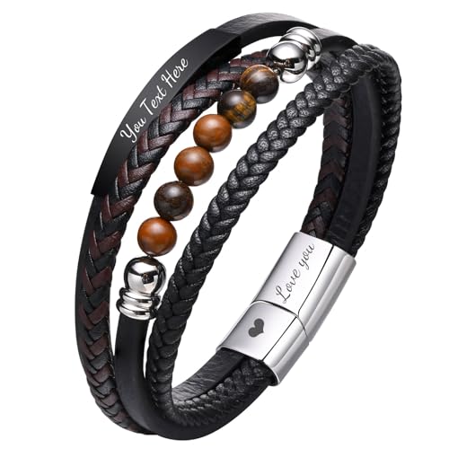 Gamtic Cadeau Homme Bracelet Cuir Personnalisé - Bracelet Gourmette Gravé Nom Texte Message,Viking Éléments Pierre Naturelles Figaro Argent, Cadeaux pour Papa Mari Ami Frere