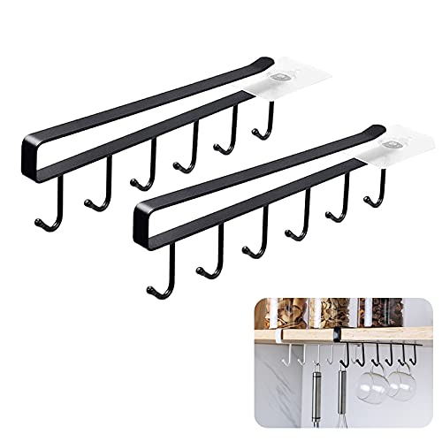 YMIEMIE Adhesive Mug Holder Under Cabinet Pack of 2x6Hooks Multifunctional Nail Free Coffee Tea Cup Hanger Under Cabinet for Kitchen Fit for 1inch Thickness Shelf or Less, Black