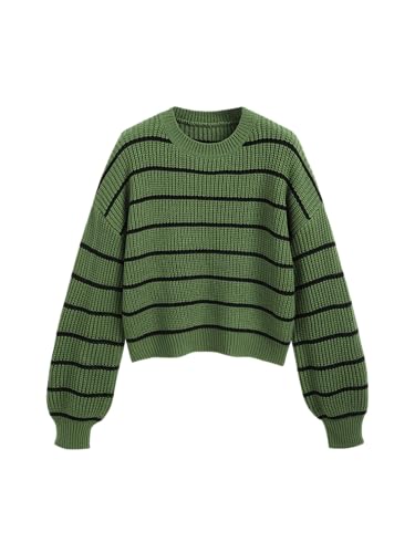 Image of CIDER Women's Cropped Striped Sweater Long Sleeve Crew Neck Trendy Pullover Tops
