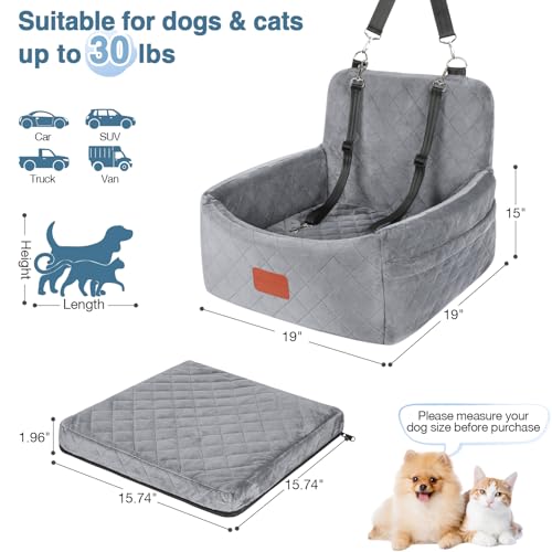 WOOAIDAGG Hundefahrersitz für kleine/mittlere Hunde, tragbare Reisehundebett mit Memory-Schaum, abnehmbar und waschbar, 3-Riemen-Sicherheitsfahrersitz für Hunde (Grey, Small)