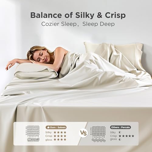 Image of Sophia & William 100% Cotton Sateen Sheet Set Queen Size 4 Piece Set Ivory | 1000 Thread Count Ultra-Soft 4 Piece Bedding, Extra Deep 16 inch Pocket Fitted Sheet Fits Most Mattresses, OEKO-TEX 100 Certified