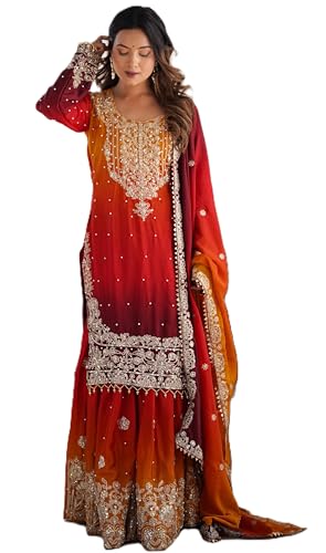 Image of Pandadi Saree Women's Chinon Silk Embroidery Kurta Sharara Set With Dupatta.