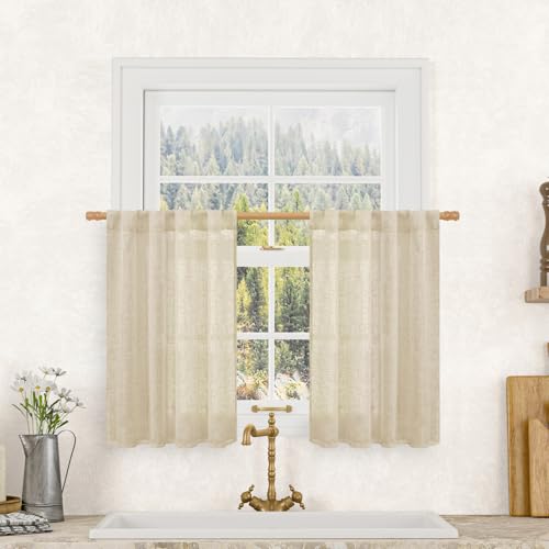 LAMIT Semi Sheer Linen Curtains 36 Inch Length 2 Panels, Light Filtering Panels Back Tab and Rod Pocket Neutral Drapes for Cafe/Kitchen/Loft Room, Linen, 25 x 36 Inch