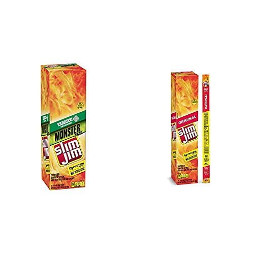 Slim Jim Monster Smoked Meat Sticks, Tabasco, Packed With Protein, 1.94 Oz. Sticks, 18 Count & Giant Smoked Meat Stick, Original Flavor, Keto Friendly.97 Oz. 24-Count, 0.97 Ounce (Pack Of 24) #TOP17