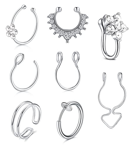 WillTen Non Piercing Nez Femmes Faux Piercing Acier Inoxydable Nez Manchette Clip sur Nez Nez Hoop Argent Piercing Bijoux 8Pièces Cover