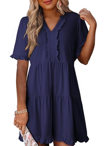 Image of Dokotoo Womens Summer Dresses 2026 V Neck A Line Short Sleeve Casual Ruffle Babydoll Mini Dress