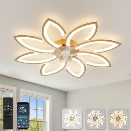 YUNLONG 90cm Ventilador de Techo con Luz y Mando a Distancia Led Lampara Ventilador Techo Silencioso Regulable Motor DC Reversible 6 Velocidades Ceiling Fan with Light para Dormitorio Cocina,Dorado
