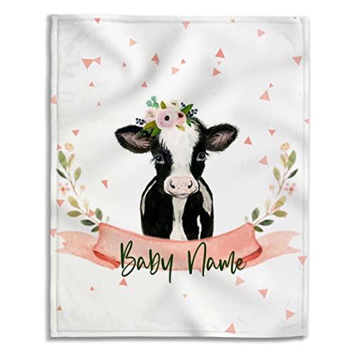 Personalized Cute Cow Baby Blanket for Girls Boys, Customized Baby Blanket with Name, Custom Super Soft Blankets for Kids, Swaddling Blankets for Newborn Infant Toddler