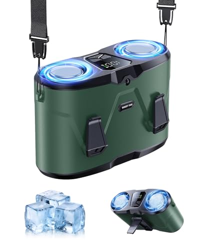Image of KIMMOO Dual-Motor Rechargeable Waist Fan with Ice Cooling, 25000 RPM High-Speed Neck Belt Clip-on Fan with 10 Gears, LED Display & Flashlight, Hands-Free Personal Fan for Work Outdoor Travel, Green