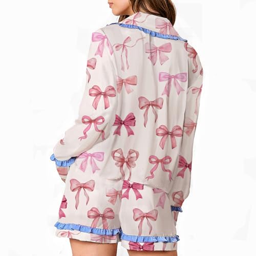 Image of Tenopuli Women Silk Satin Pajama Set Heart Print Bow Tie Long Sleeve Top Shorts Sleepwear Cute 2 Piece Loungewear
