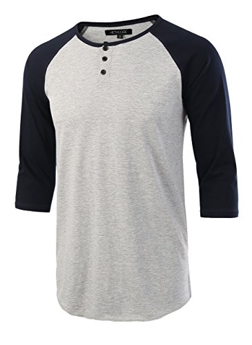 HETHCODE Men's Casual Raglan Fit Soft Baseball 3/4 Sleeve Henley T-Shirts Tee H.Gray/Navy L