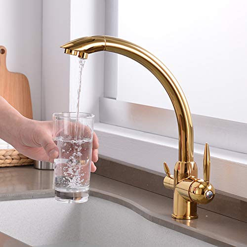 GLETSF Gold/Chrome Kitchen Faucet with Water Filter - Brass Mixer Tap for Drinking Water - Purify Kitchen Sink Tap - Stylish Design - Golden Nero Finish,Chrome