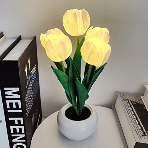GOUTOOL Flower Table Lamp Tulip Desk LED Night Light for Home Living Room Decor Artificial Flower with Vase Table Centerpieces for Birthday Holiday Party Wedding Room Decoration (White)…