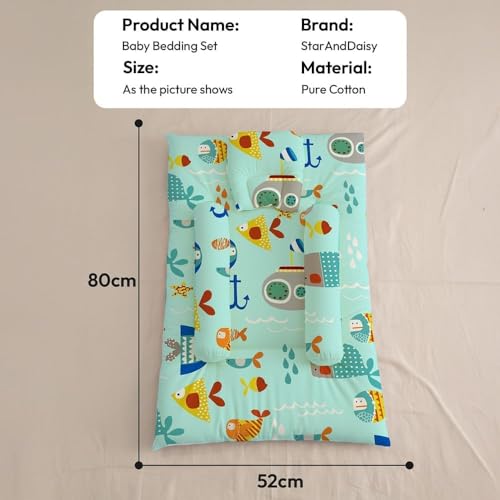 Image of StarAndDaisy Newborn Baby Bedding Nest 100% Cotton Cushioned Mattress Sheet with 2 Side Bolster Pillows & 1 Head Pillow Breathable & Soft Boys & Girl Design Aqua Print
