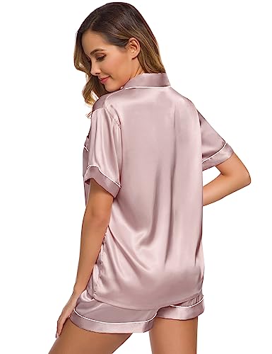 Image of SWOMOG Women Silk Satin Pajamas Set Short Sleeve Button Down Sleepwear Loungewear Pj Sets