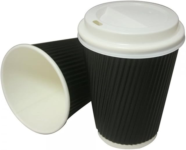 HOT BARGAINS, 100 X Disposable Coffee Black Colour Ripple Cups Size 8oz / 230ml Triple Wall Kraft Paper Cups for Hot & Cold Drinks with 100 Lids