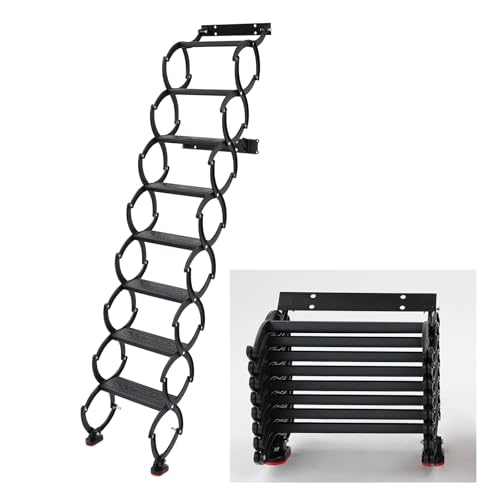 8-Step Wall-Mounted Folding Ladder, Telescoping Step Ladders, Retractable Folding Stair, for Garages, Basements, Warehouses, Each Step Supports 440 lbs with 5.11 in Width (Black, 8-Step)
