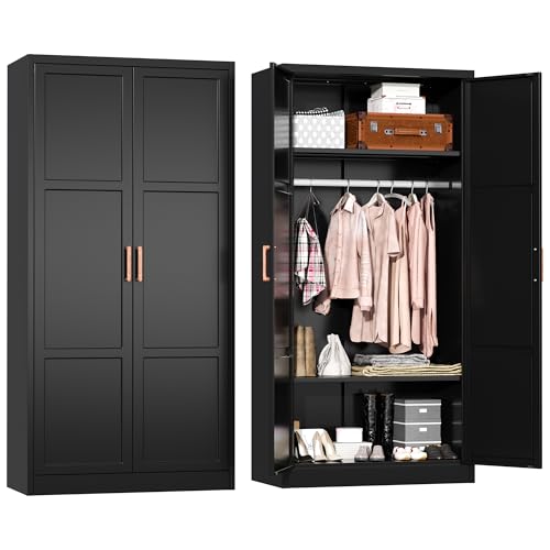Superday Metal Wardrobe Closet, 72" H Bedroom Armoires with Wooden