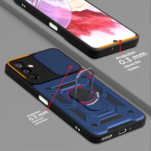 Image of Amazon Basics Back Cover for Samsung Galaxy M16 5G | 360 Protection Case | Sliding Camera Sheild Cover & Ring Holder Stand D10 Tough Armor Bumper Case (Blue)