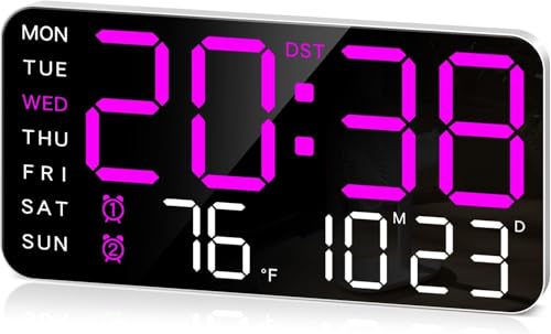 Image of 9 inch LED Digital Wall Clock with Date, Day & Temperature - Dual Alarm, Adjustable Brightness, USB Powered - Large Display for Bedroom, Office & Home Decor [Purple Lights White Body Frame]
